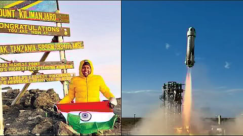 Gopichand Thotakura (L), Blue Origin’s New Shepard-25 (R)