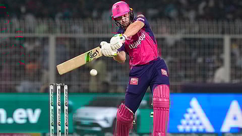 Rajasthan Royals batter Jos Buttler plays a shot during the IPL 2024 cricket match between Rajasthan Royals and KKR, at Eden Gardens in Kolkata, Tuesday, April 16, 2024.