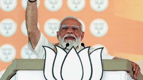 Prime Minister Narendra Modi addresses a public meeting in support of Bharatiya Janata Party (BJP) in Alathur 