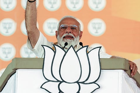 Prime Minister Narendra Modi addresses a public meeting in support of Bharatiya Janata Party (BJP) in Alathur 