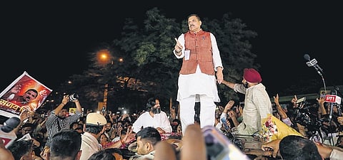 Sanjay Singh addresses AAP supporters after his release on Wednesday 