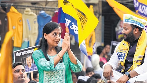 Sunita Kejriwal during the roadshow in East Delhi constituency on Saturday