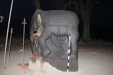 A memorial stone with inscriptions from the Kaliamman Temple 