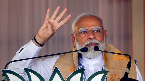 Prime Minister Narendra Modi addresses a public meeting ahead of Lok Sabha elections, in Nalbari district, Assam, Wednesday, April 17, 2024.