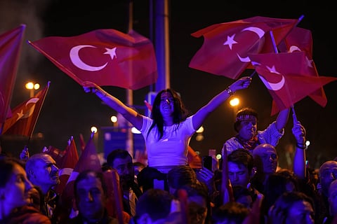 Republican People's Party, or CHP, supporters gather to celebrate outside City Hall in Istanbul, Turkey, Sunday, March 31, 2024. 