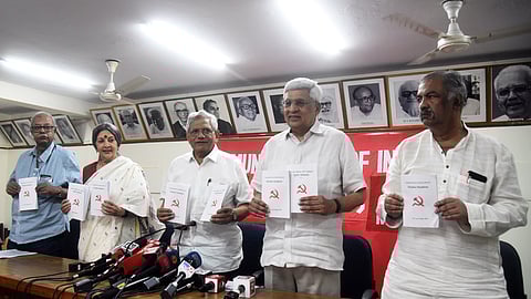 CPI(M) General Secretary Sitaram Yechury with Polit Bureau members Prakash Karat, Brinda Karat and others releases the partys manifesto for the Lok Sabha elections, in New Delhi, Thursday, April 4, 2024.