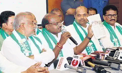 JDS state president HD Kumaraswamy and other senior party leaders address a press conference in Hubballi on Tuesday. 