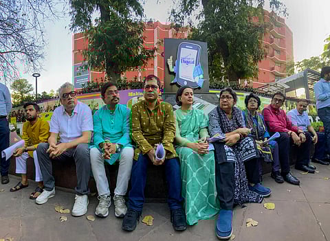 TMC leaders Derek O'Brien, Dola Sen, Saket Gokhale, Sagarika Ghose, Vivek Gupta, Arpita Ghosh, Santanu Sen, Abir Ranjan Biswas and Sudip Raha during a dharna after a meeting with Election Commission of India (ECI), outside ECI's office, in New Delhi, Monday, April 8, 2024.
