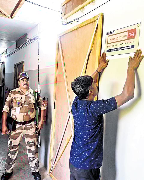 Election Commission officials undertake a second sealing of the strong room at Mar Ivanios College, Thiruvananthapuram, on Saturday. The counting of votes will be held on June 4. 