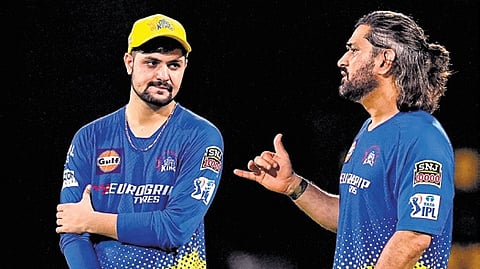 Sameer Rizvi with MS Dhoni on the eve of CSK match against PBKS