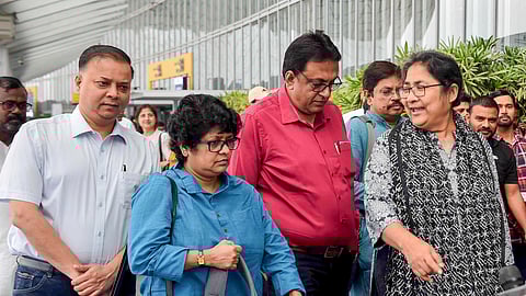 TMC leaders Dola Sen, Vivek Gupta and others address media at NSCBI Airport before leaving for Delhi ahead of a meeting with Election Commission of India, in Kolkata.