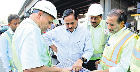 Hyderabad Airport Metro Limited (HAML) Managing Director NVS Reddy inspects the 
Nagole-Chandrayangutta stretch with officials in Hyderabad on Saturday