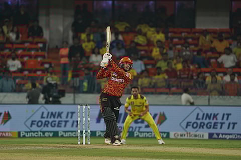 Sunrisers Hyderabad's Abhishek Sharma plays a shot during the Indian Premier League (IPL) 2024 T20 cricket match between Sunrisers Hyderabad and Chennai Super Kings