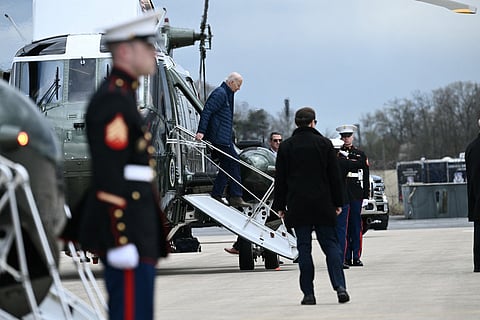 US President Joe Biden arrives in Baltimore, Maryland, on April 5, 2024 for a tour of the collapsed Francis Scott Key Bridge and the container ship Dali.
