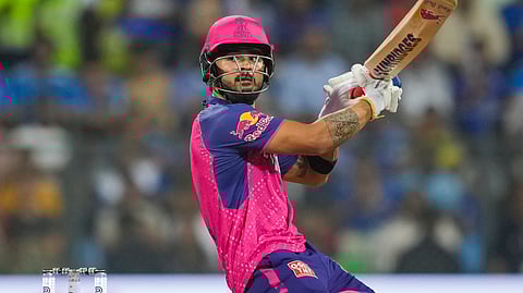 Rajasthan Royals player Riyan Parag plays a shot during the IPL 2024 cricket match between Mumbai Indians and Rajasthan Royals on Apr. 1, 2024.