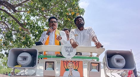 Actor-turned-politician Sarathkumar during his campaign in Coimbatore in support of BJP candidate K Annamalai on Sunday