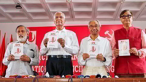 CPI General Secretary D Raja along with party leaders Bhalchandra Kango, Syed Azeez Pasha and Dinesh Varshney releases party's manifesto for the upcoming Lok Sabha elections, at party office, New Delhi, Saturday, April 6, 2024.