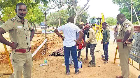 Construction work at the Vallalar International Center in Vadalur resumed on Sunday amid tight police security