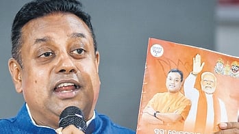 BJP’s Puri MP candidate Sambit Patra speaks to media in Bhubaneswar on Monday