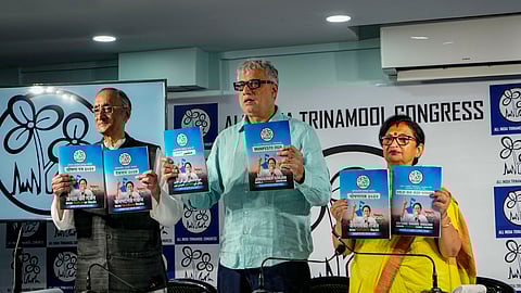 TMC leaders Amit Mitra, Derek O'Brien and Chandrima Bhattacharya release the party's election manifesto for the Lok Sabha elections, in Kolkata, Wednesday, April 17, 2024.