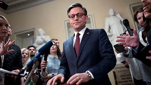 Speaker of the House Mike Johnson, R-La., answers questions from reporters just after the House voted to approve $95 billion in foreign aid for Ukraine, Israel and other U.S. allies, at the Capitol in Washington, Saturday, April 20, 2024.