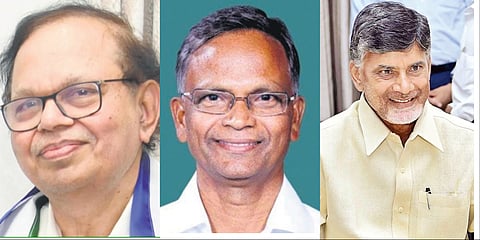 From left to right: YSRC candidate Simhadri Chandrasekhar Rao, BJP candidate Velagapalli Varaprasad and TDP candidate Nara Chandrababu Naidu.  