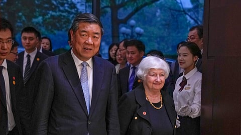 U.S. Treasury Secretary Janet Yellen, right, and Chinese Vice Premier He Lifeng arrive to a bilateral meeting at the Guangdong Zhudao Guest House in southern China's Guangdong province, Saturday, April 6, 2024.