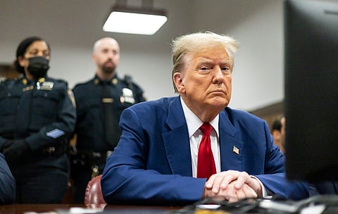 Former President Donald Trump sits inside Manhattan Criminal Court, Thursday, May 2, 2024.