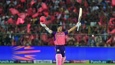 Rajasthan Royals batter Yashasvi Jaiswal celebrates his century during IPL T20 match between Rajasthan Royals and Mumbai Indians, at Sawai Mansingh Stadium, in Jaipur.