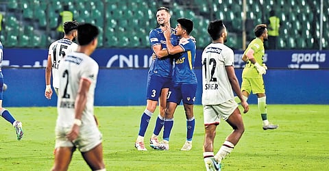 Action from the ISL clash between Chennaiyin FC & NorthEast United 