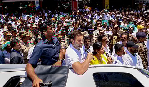 Congress leader Rahul Gandhi speaks during an election campaign road show for the Lok Sabha polls, in Wayanad, Kerala, Monday, April 15, 2024. 