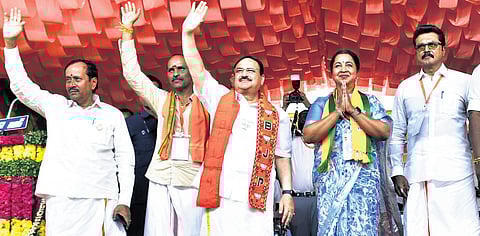 JP Nadda campaigns for Virudhunagar candidate Radhikaa Sarathkumar in Thirumangalam on Sunday 