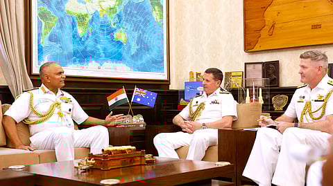 Chief of the Naval Staff Admiral R Hari Kumar meeting Chief of the Royal Australian Navy Vice Admiral Mark Hammond (Photo | PIB)