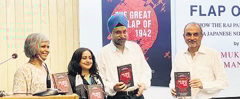 (Extreme right) Writer Mukund Padmanabhan with his book The Great Flap of 1942