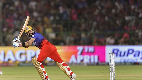Royal Challengers Bengaluru's Virat Kohli plays a shot during the Indian Premier League (IPL) 2024 T20 cricket match between Rajasthan Royals and Royal Challengers Bengaluru at Sawai Mansingh Stadium, in Jaipur.