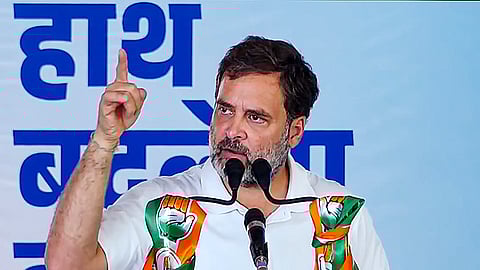Congress leader Rahul Gandhi addresses a public meeting, in Bikaner, Thursday, April 11, 2024.