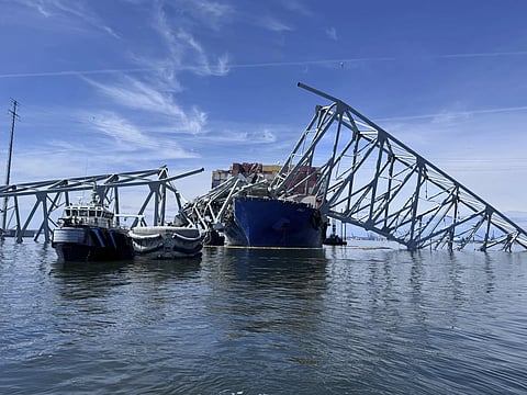 The fallen Francis Scott Key Bridge in Baltimore pictured on Sunday, March 31, 2024.