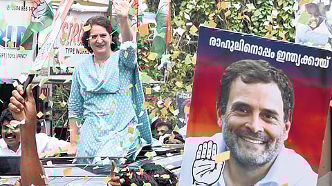 Congress leader Priyanka Gandhi during a roadshow in Wayanad 