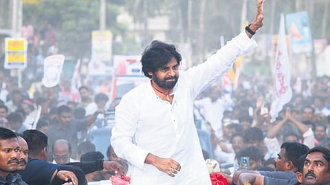 JSP chief Pawan Kalyan during a public meeting at Malikipuram.