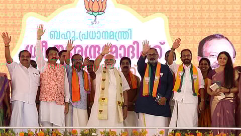 PM Narendra Modi with Suresh Gopi and other BJP leaders at Kunnamkulam in Thrissur on Monday