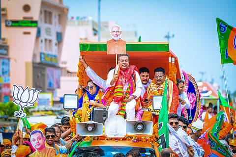 BJP Loksabha Candidates from Puri Sambit Patra holds a massive roadshow before filing his nomination papers in Puri on Monday. 