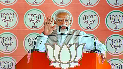 Prime Minister Narendra Modi addresses a public meeting for Lok Sabha polls, in Zaheerabad.