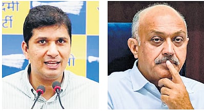 Urban Development Minister Saurabh Bharadwaj with Chief Secretary (CS) of the Delhi government, Naresh Kumar.