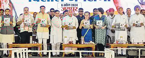Congress leaders Mallikarjun Kharge, Sonia Gandhi, Priyanka Gandhi, Sachin Pilot, Ashok Gehlot and others at a public meeting in Jaipur last Saturday | file photo