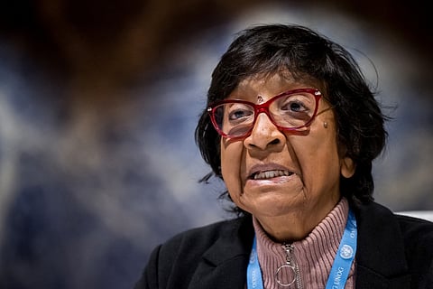Chairwoman of the "The United Nations Independent International Commission of Inquiry on the Occupied Palestinian Territory, including East Jerusalem, and in Israel", South-Africa's Navi Pillay (R) speaks during a briefing to UN member states about ongoing investigations of the Commission at the UN offices in Geneva, on April 16, 2024.