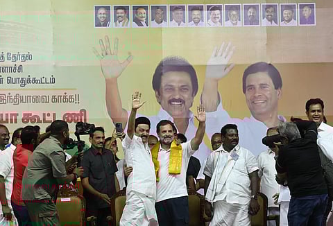 Rahul Gandhi and MK Stalin at an election rally in Tamil Nadu, April 12, 2024.