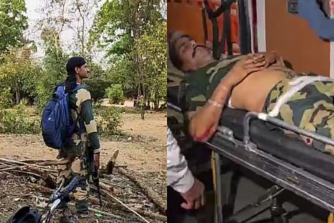 A security personnel during an encounter with Naxalites, in Kanker district (L) An injured security personnel being treated after an encounter with Naxalites