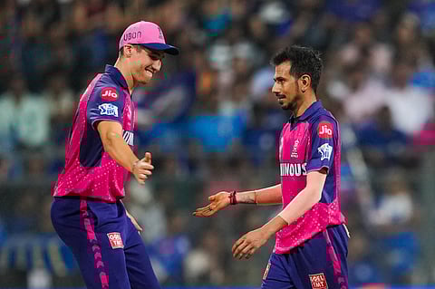 Yuzvendra Chahal celebrates the wicket of Tilak Varma (Photo | PTI)