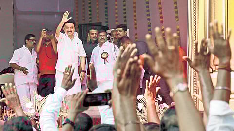 MK Stalin waves at an election campaign in Puducherry on Sunday 