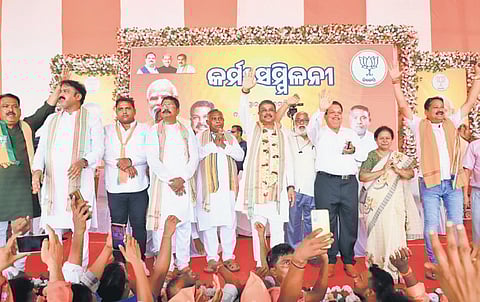 Union Minister and BJP leader Dharmendra Pradhan addressing the workers’ rally 
on Saturday